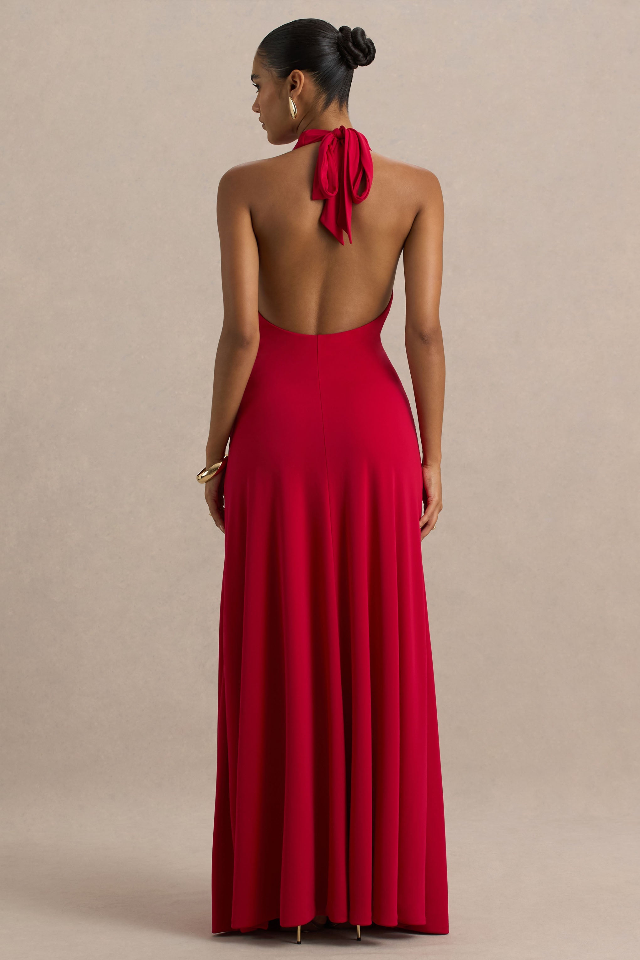 Mist | Red Plunge-Neck Maxi Dress With Knot-Detail And Open-Back