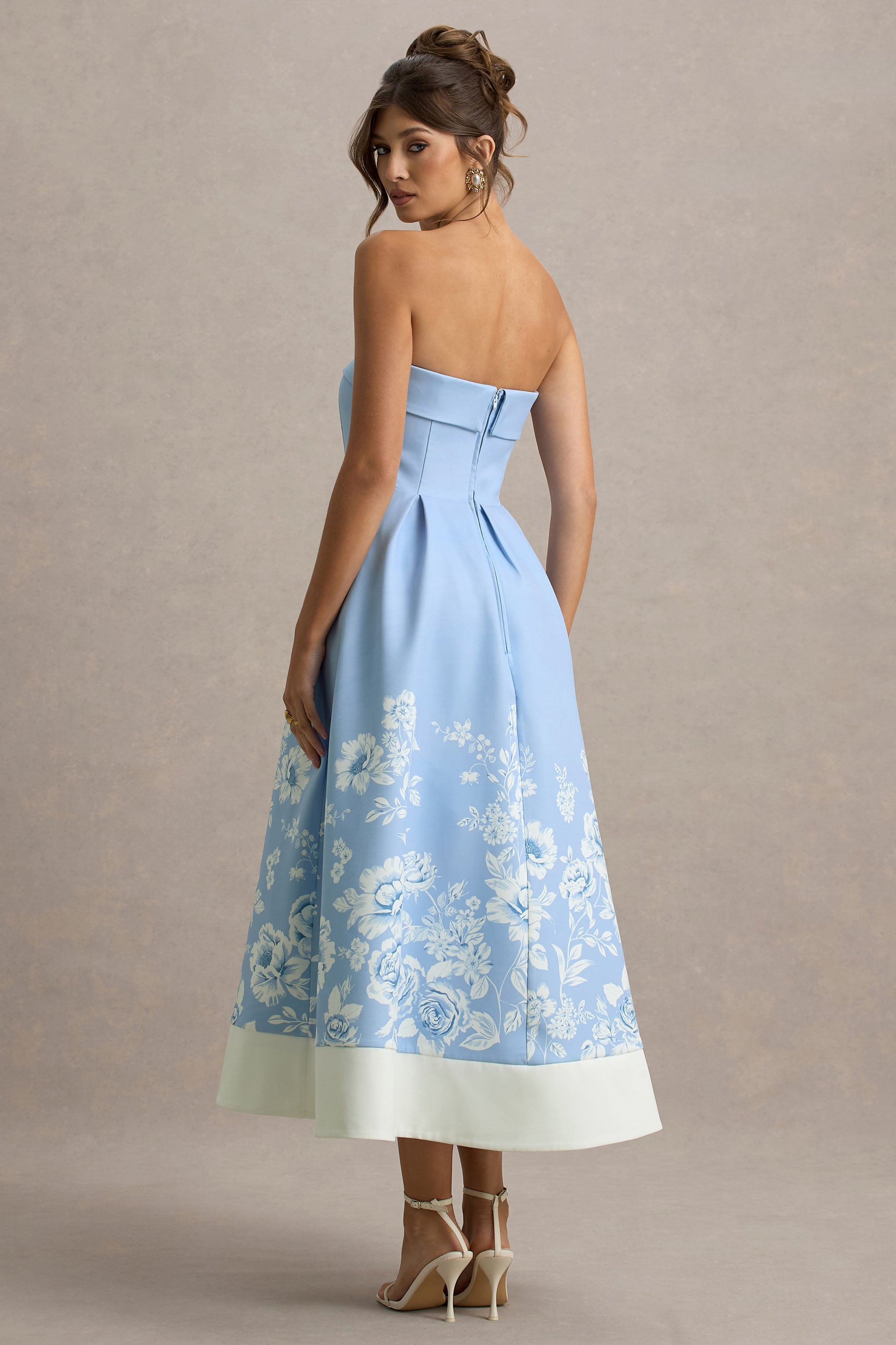 Annalise | Light Blue Floral Print Bandeau Skater Midi Dress