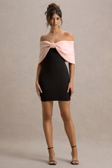 Sadie | Black & Pink Bow Bardot Mini Dress
