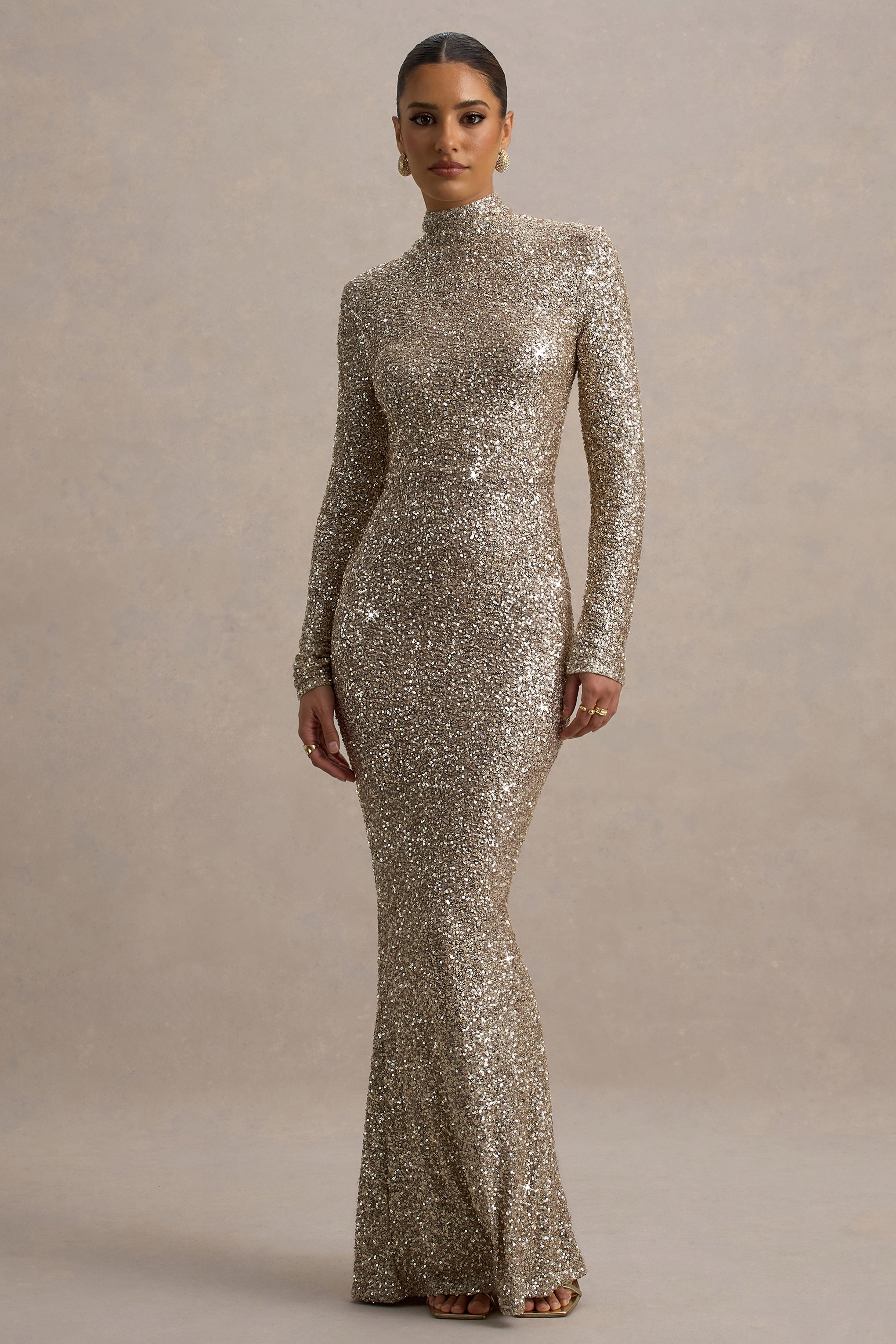 Galaxy | Champagne Sequin Turtle-Neck Long-Sleeve Maxi Dress