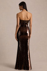 Leona | Brown Sequin Bandeau Maxi Dress With Satin Trim