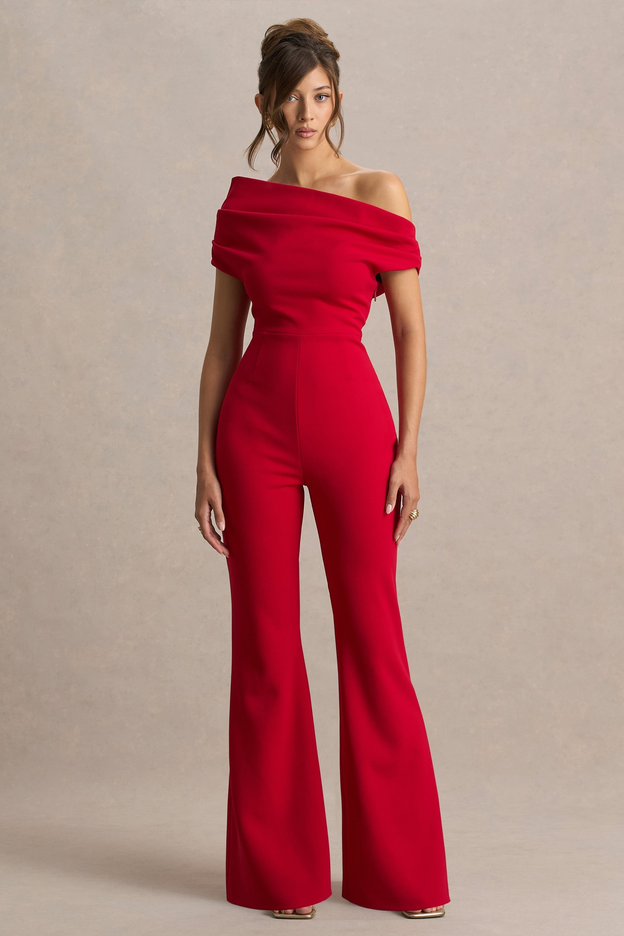 Alexandra | Red Asymmetric-Neck Draped Jumpsuit