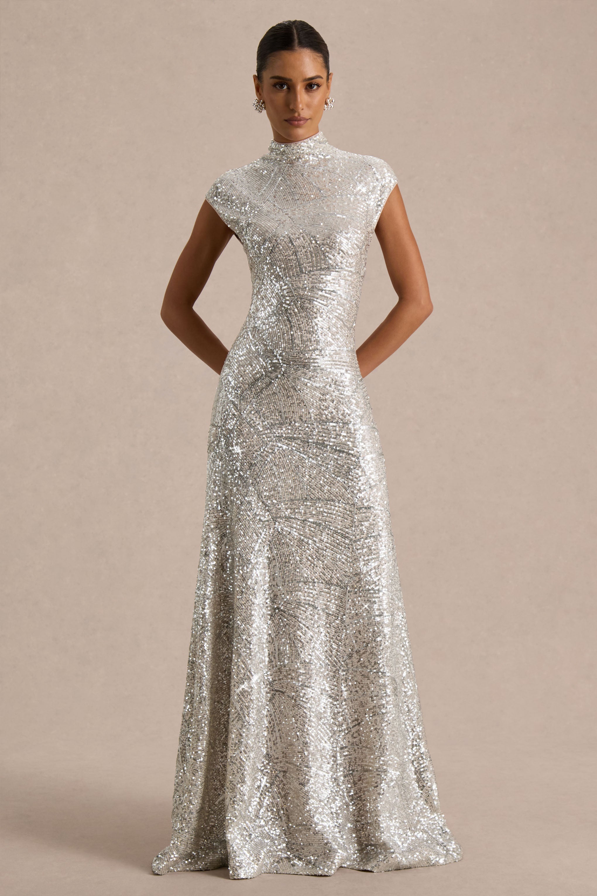 Cecy | Silver Sequin High-Neck Maxi Dress With Cap Sleeves