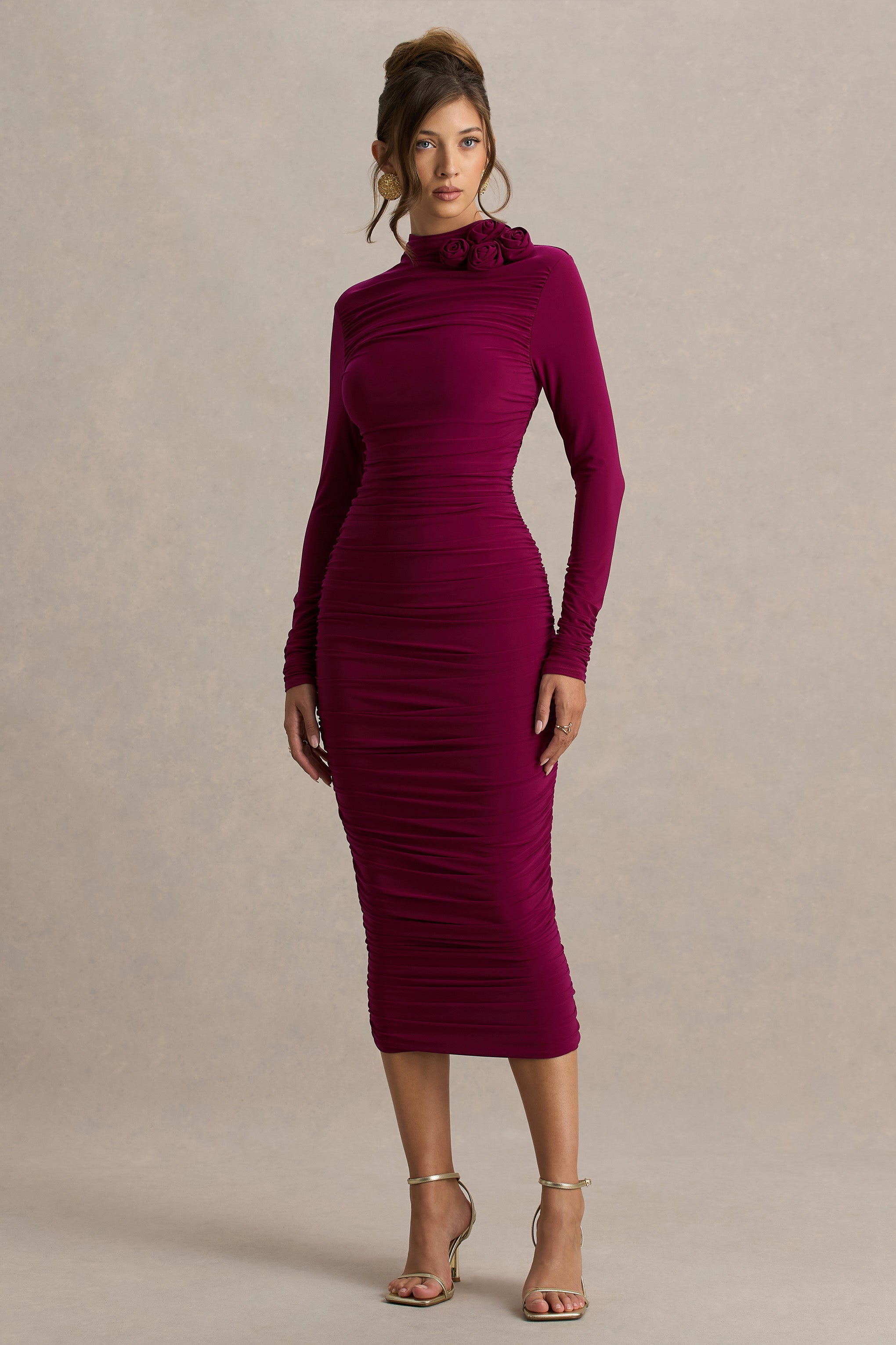 Tamara | Burgundy Long-Sleeve Ruched Midi Dress