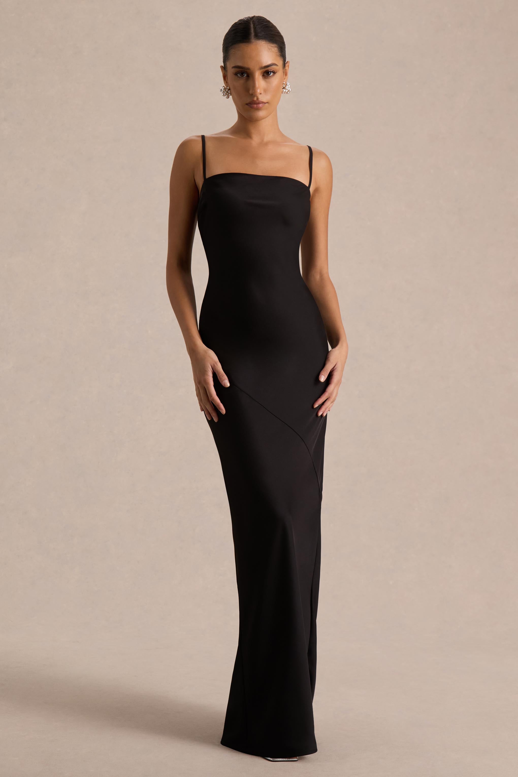Yoli | Black Satin Maxi Dress With Removable Twist-Cape