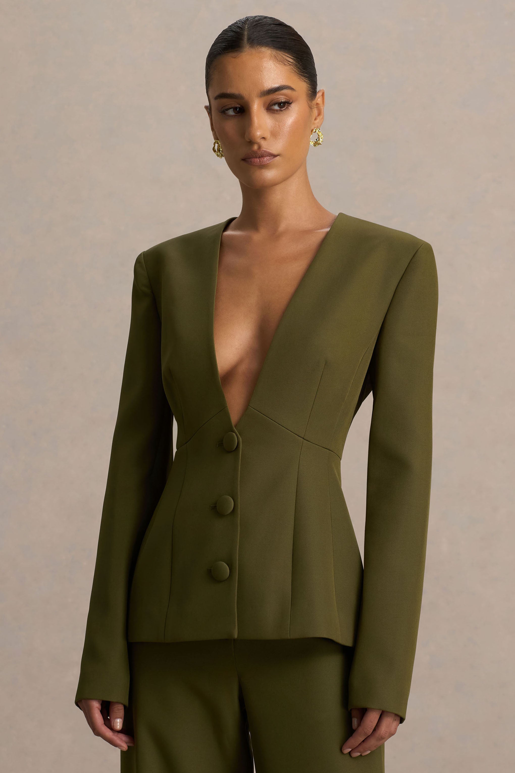 Rosalina | Olive Extreme-Plunge Neck Tailored Blazer