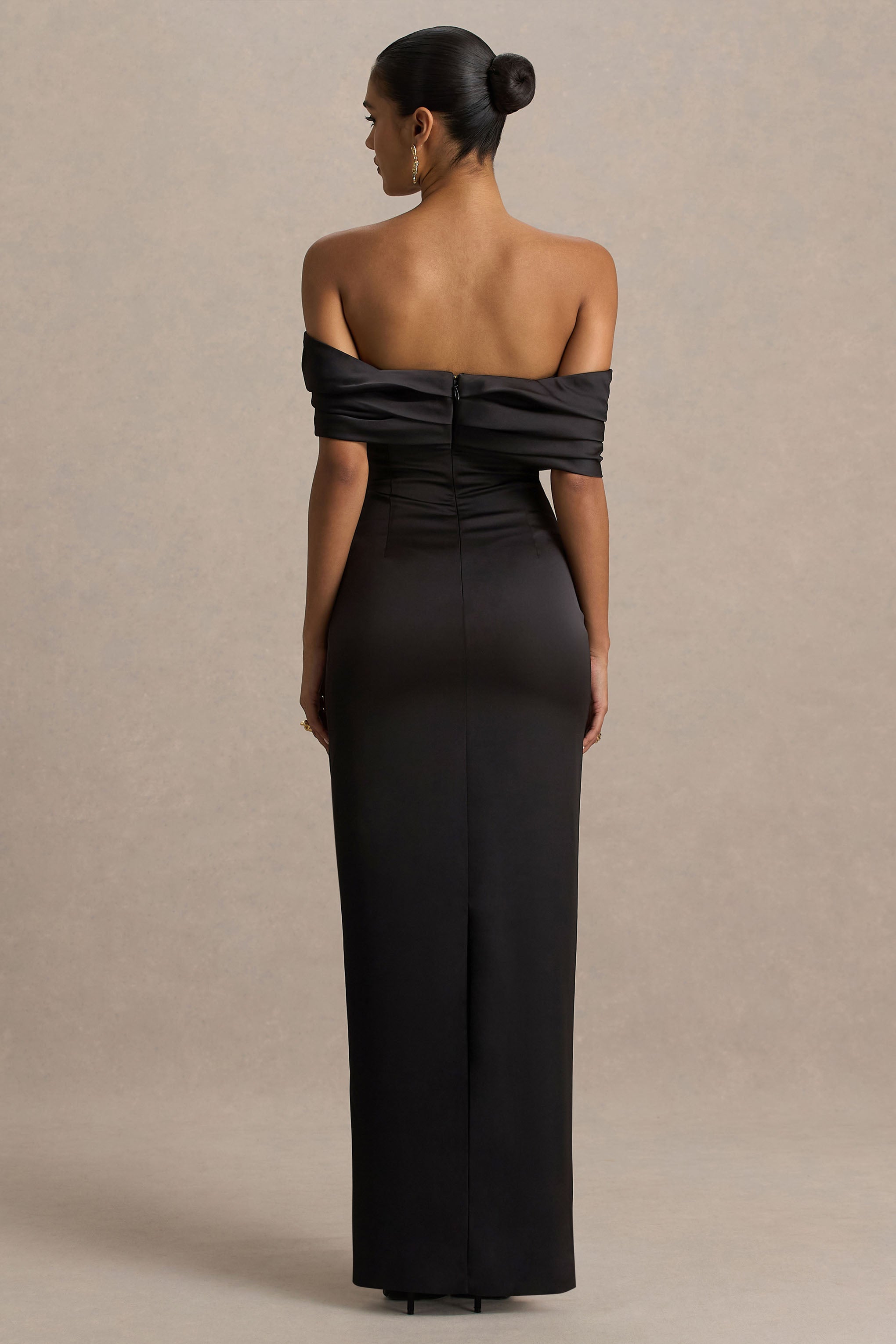 Valeria | Black Satin Twist-Bardot Neck Maxi Dress