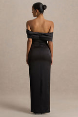 Valeria | Black Satin Twist-Bardot Neck Maxi Dress