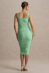 Lisbon | Light Green Maternity Square Neck Ruched Midi Dress