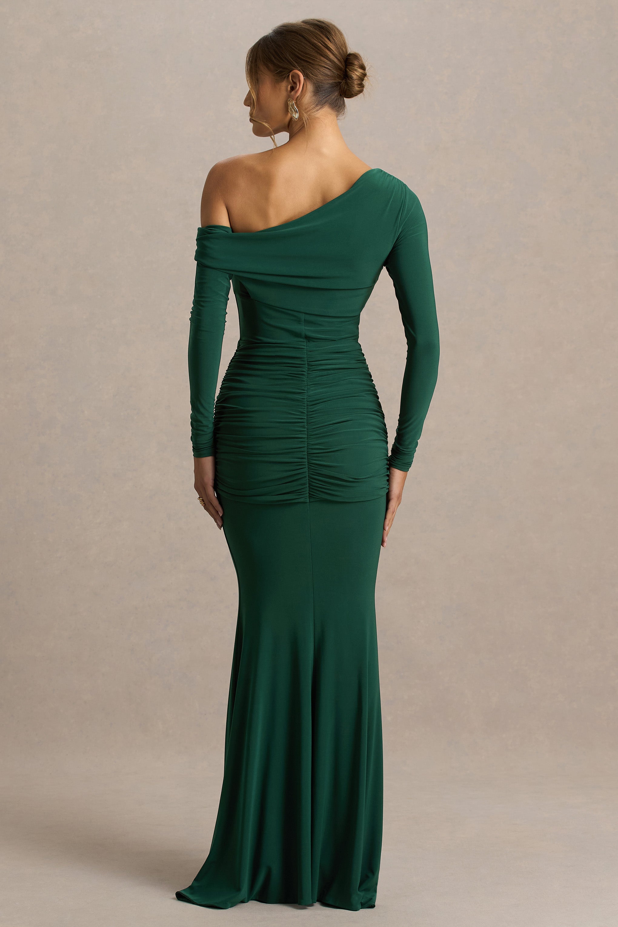 Clover | Dark Green Asymmetric-Neck Wrapped Maxi Dress With Sash