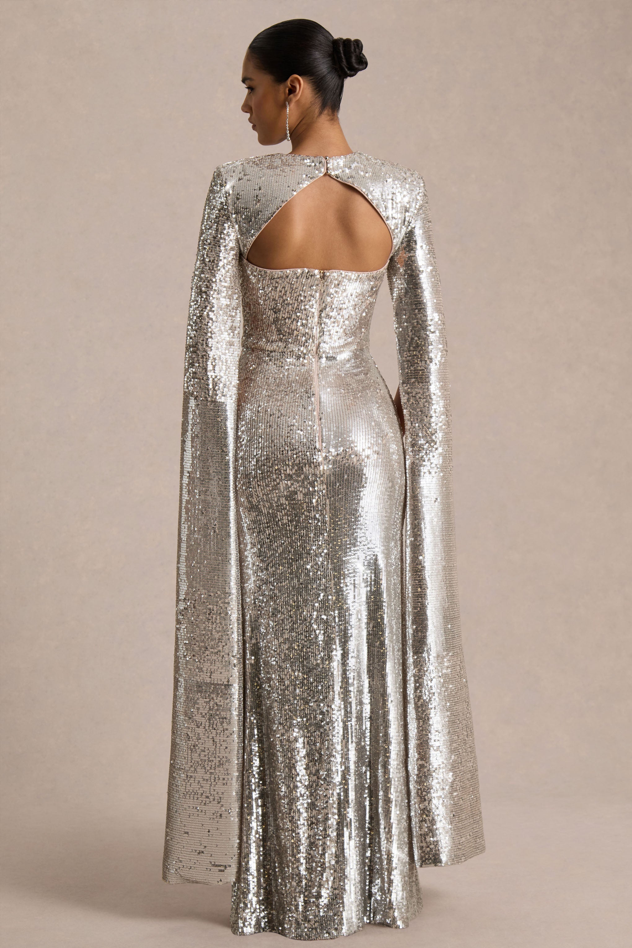 Devora | Silver Sequin Crew-Neck Maxi Dress With Cape Sleeves