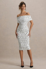 Rayleigh | Polka Dot Bardot Ruched Midi Dress
