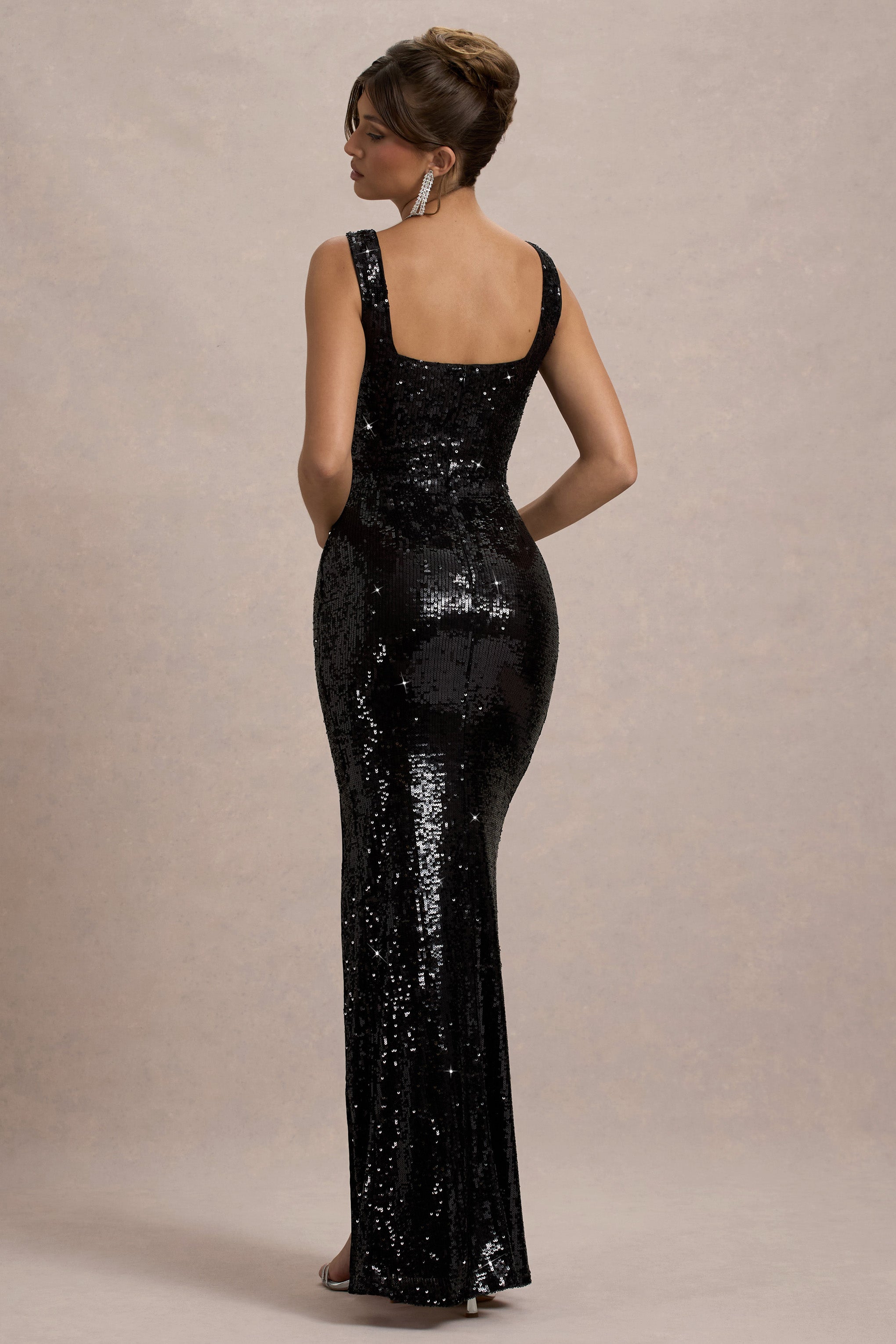 High Life | Black Sequin Square Neck Split Front Maxi Dress