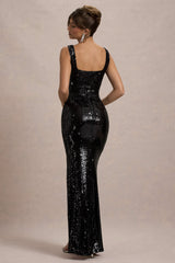 High Life | Black Sequin Square Neck Split Front Maxi Dress