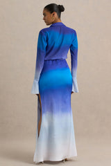 Serita | Blue Ombre Satin Split Maxi Skirt