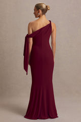 Orielle | Burgundy Asymmetric-Neck Maternity Maxi Dress With Knot-Sleeve And Sash