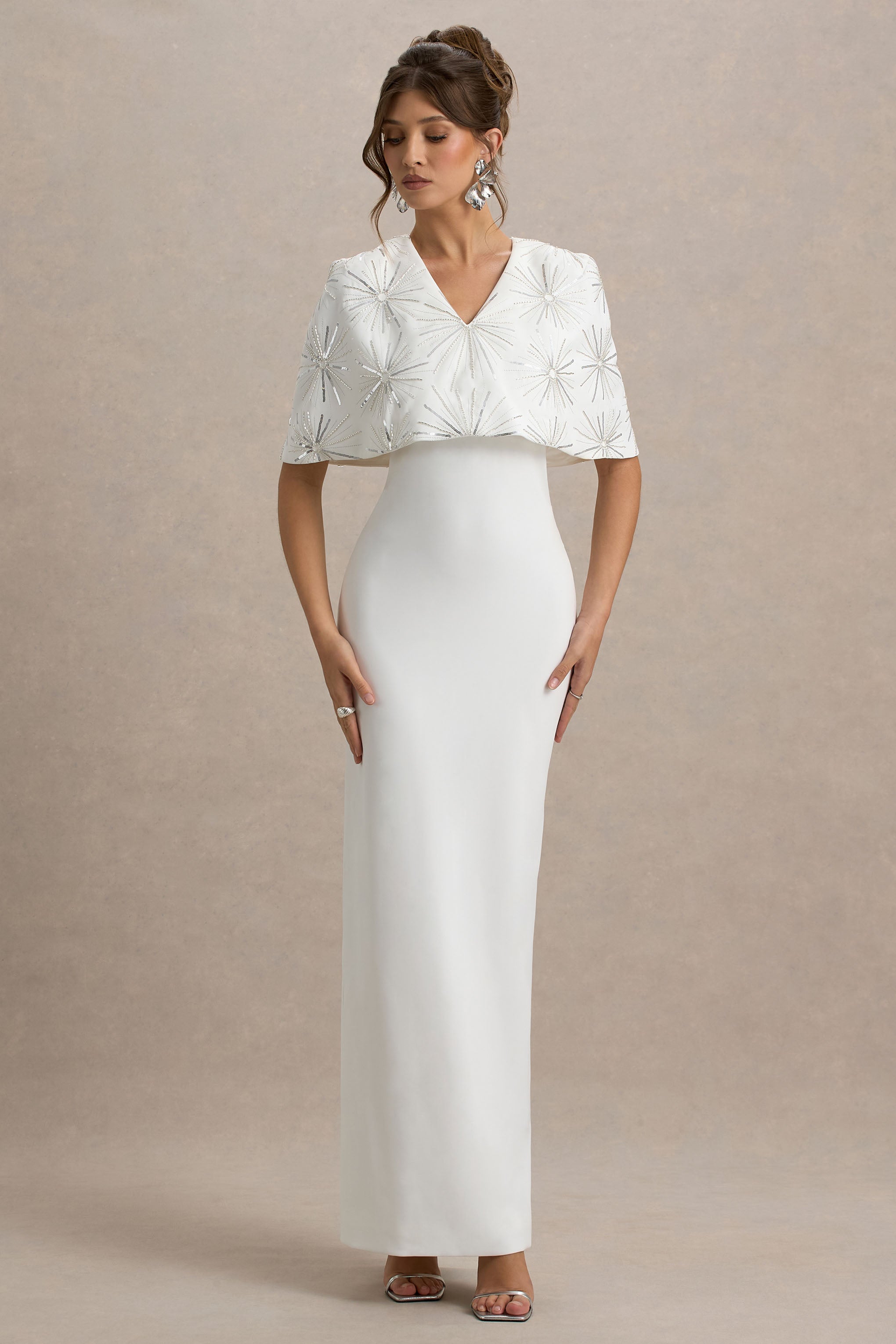 Agnella | White Embellished V-Neck Maxi Dress