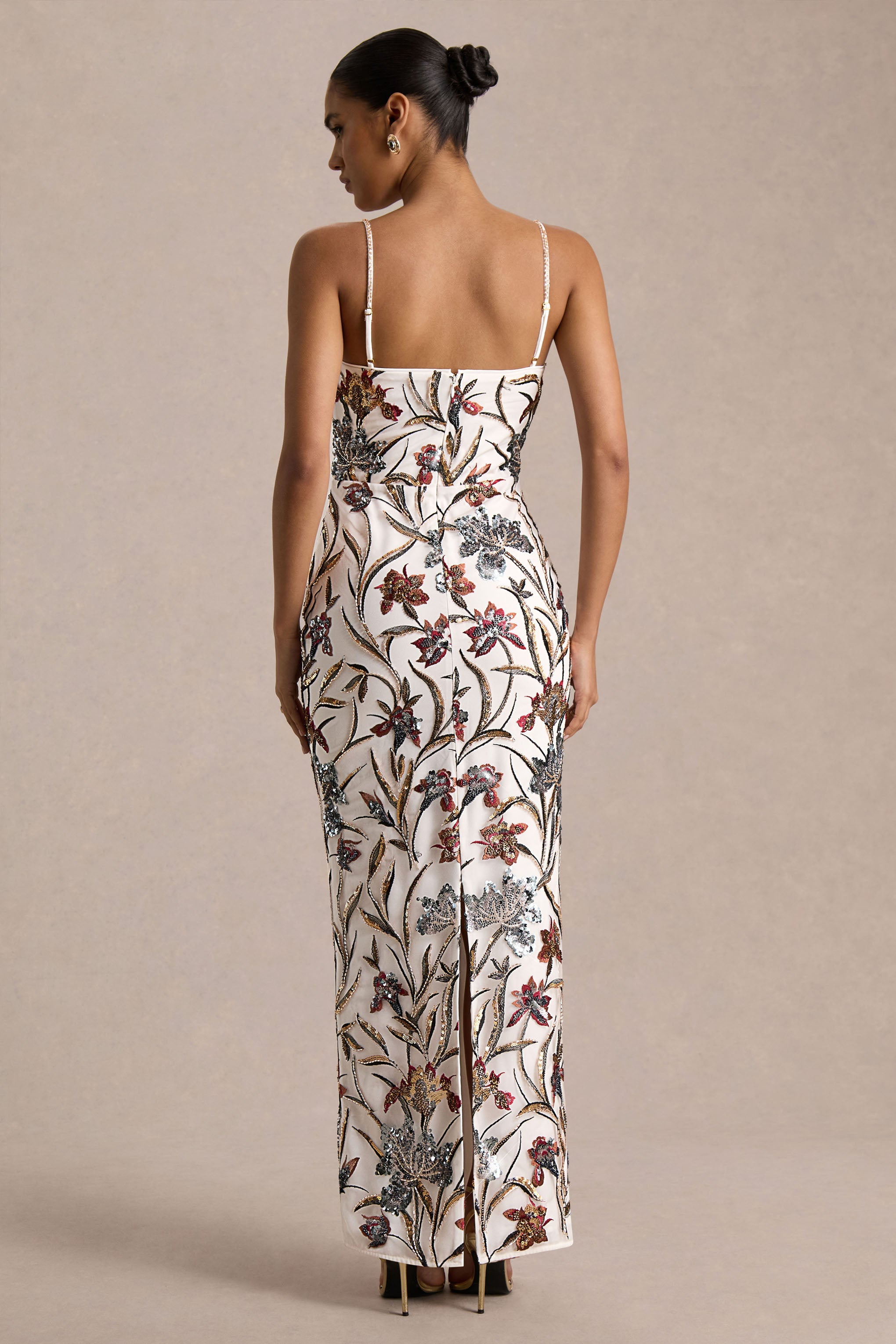 Kyle | Cream Sequin Floral Embellished Square-Neck Maxi Dress