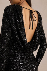 Mercedes | Black Sequin Boat-Neck Mini Dress With Draped Detail And Open Back