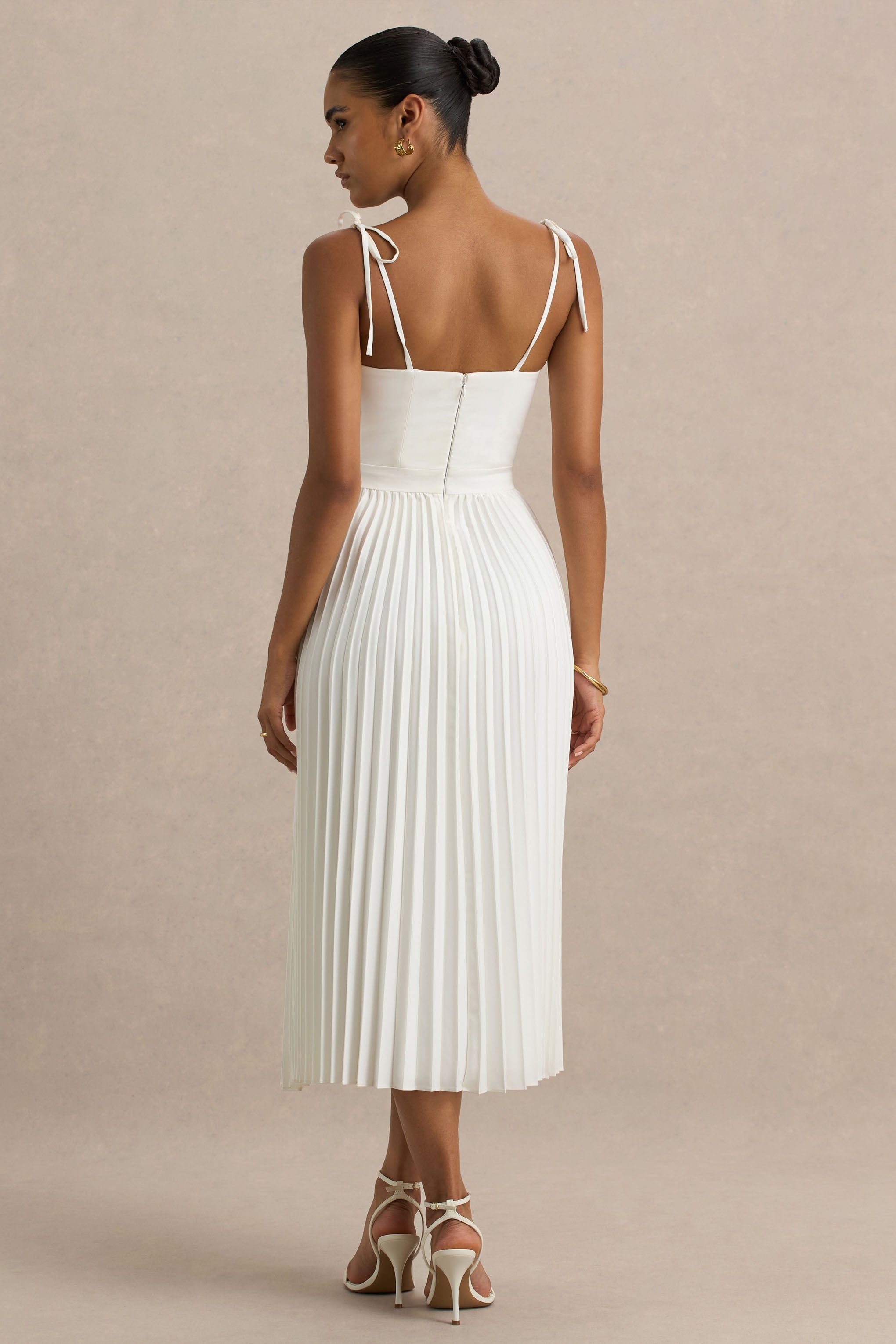 Agua | Cream Satin Sweetheart Midi Dress With Pleated Skirt