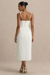 Agua | Cream Satin Sweetheart Midi Dress With Pleated Skirt