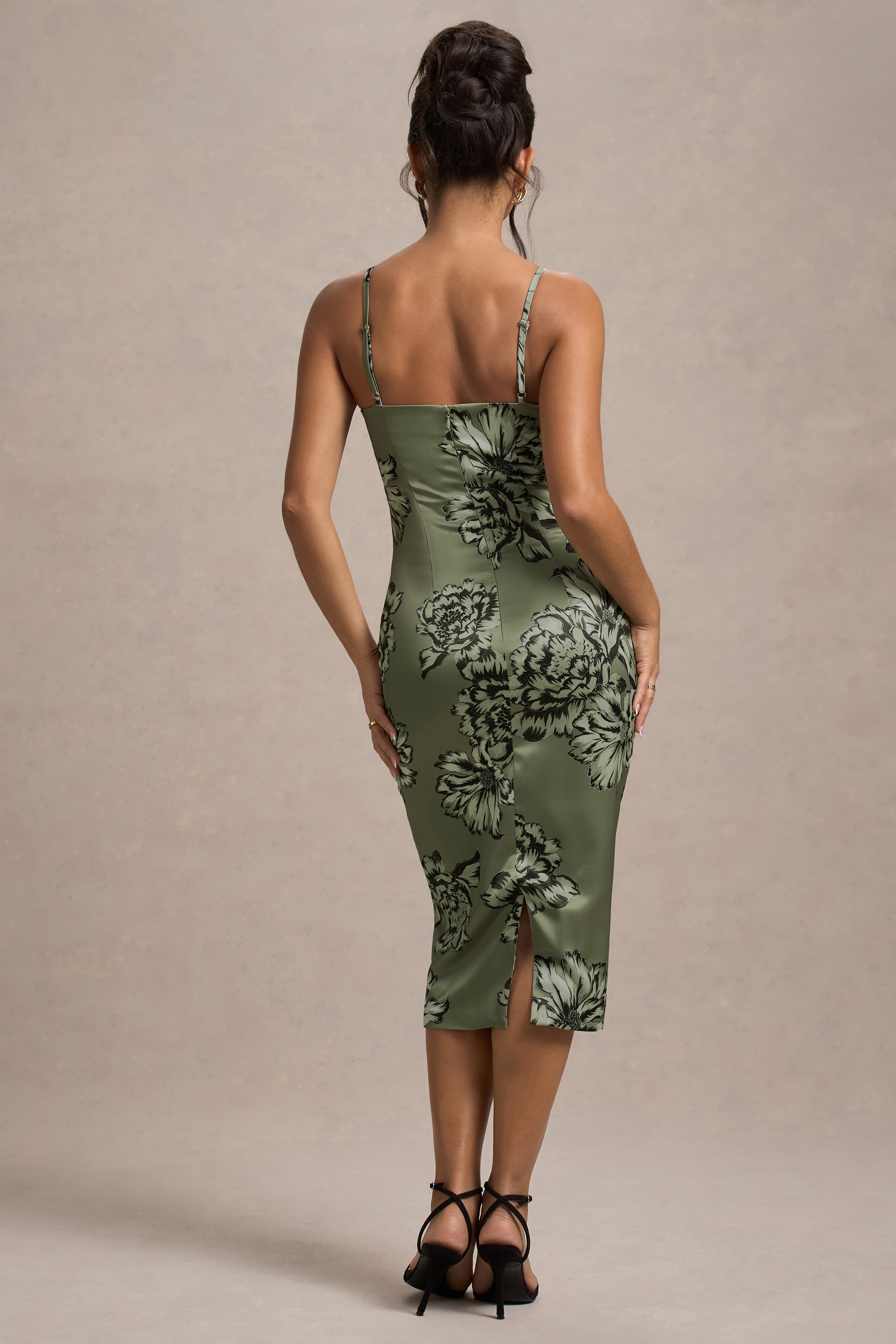 Soprano | Olive Floral Print Satin Sweetheart Lace Trim Midi Dress