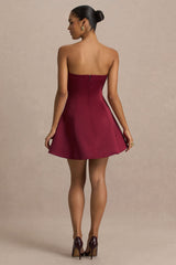 Lioray | Burgundy Satin Bandeau-Neck A-Line Mini Dress