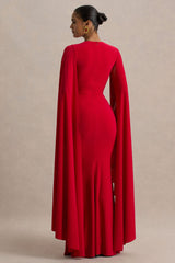 Briony | Red Crew-Neck Maxi Dress With Cape Sleeves