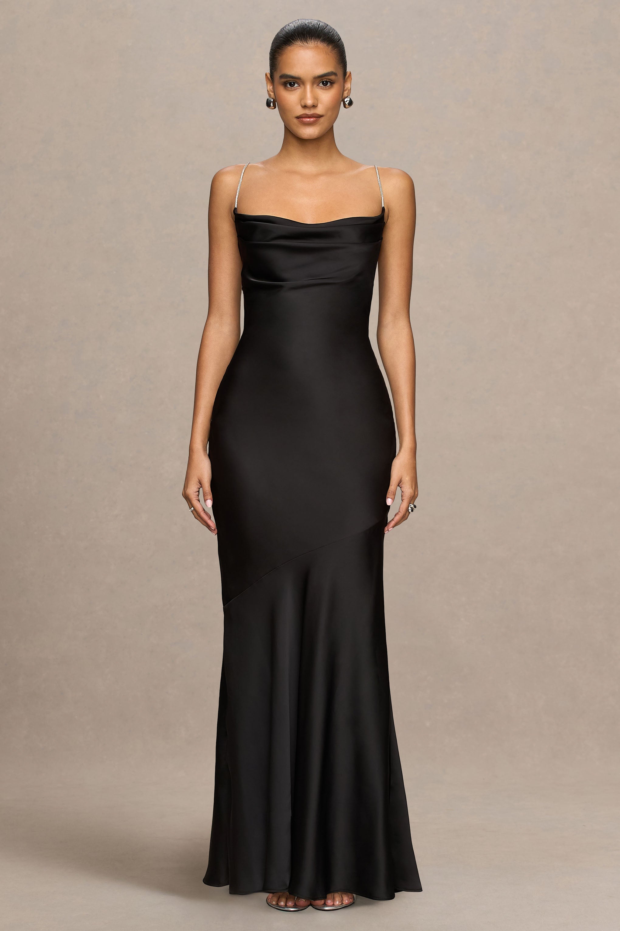 Maelia | Black Satin Cowl-Neck Maxi Dress With Diamante Straps