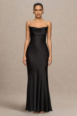 Maelia | Black Satin Cowl-Neck Maxi Dress With Diamante Straps