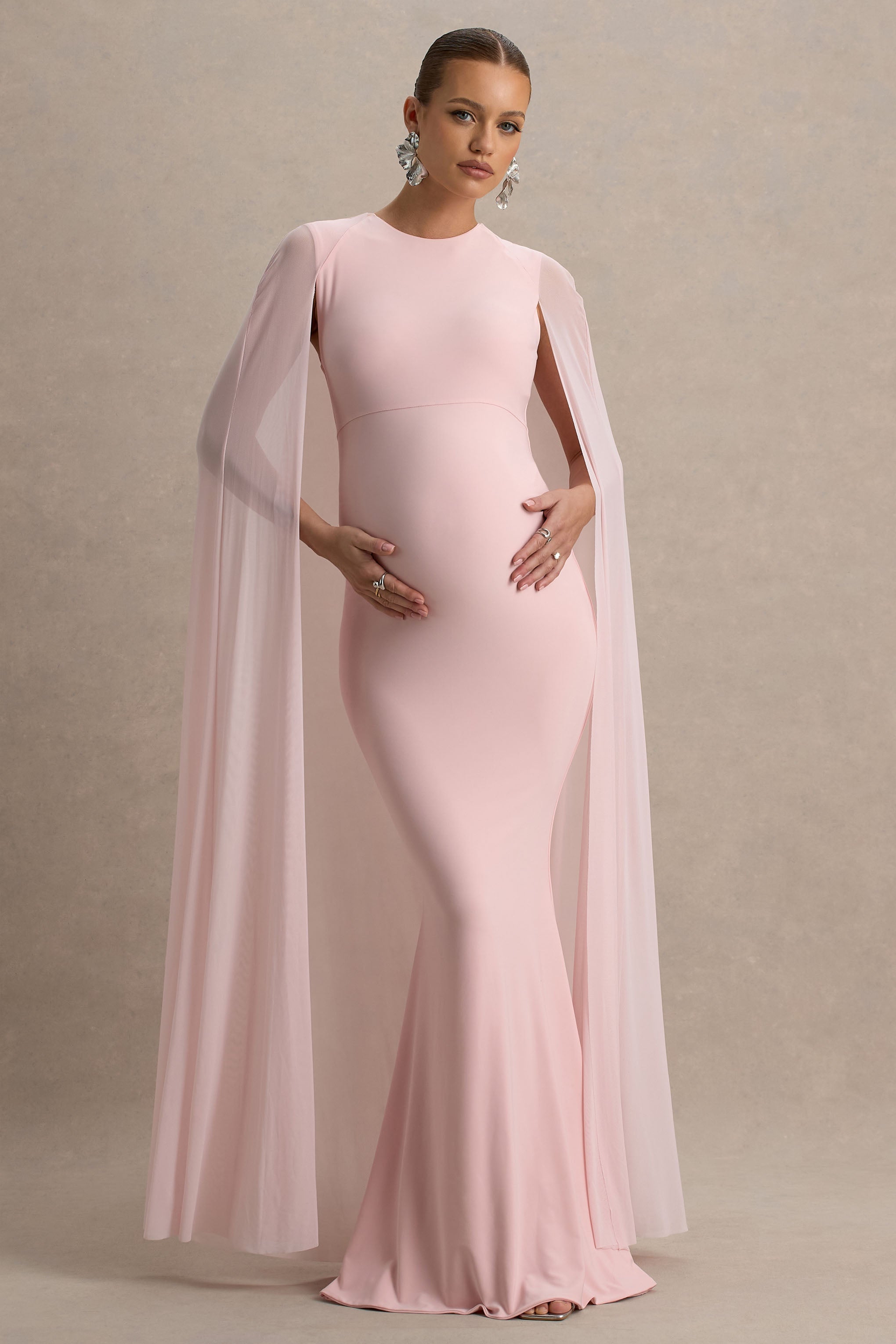 Currant | Pink Crew-Neck Maternity Maxi Dress With Cape
