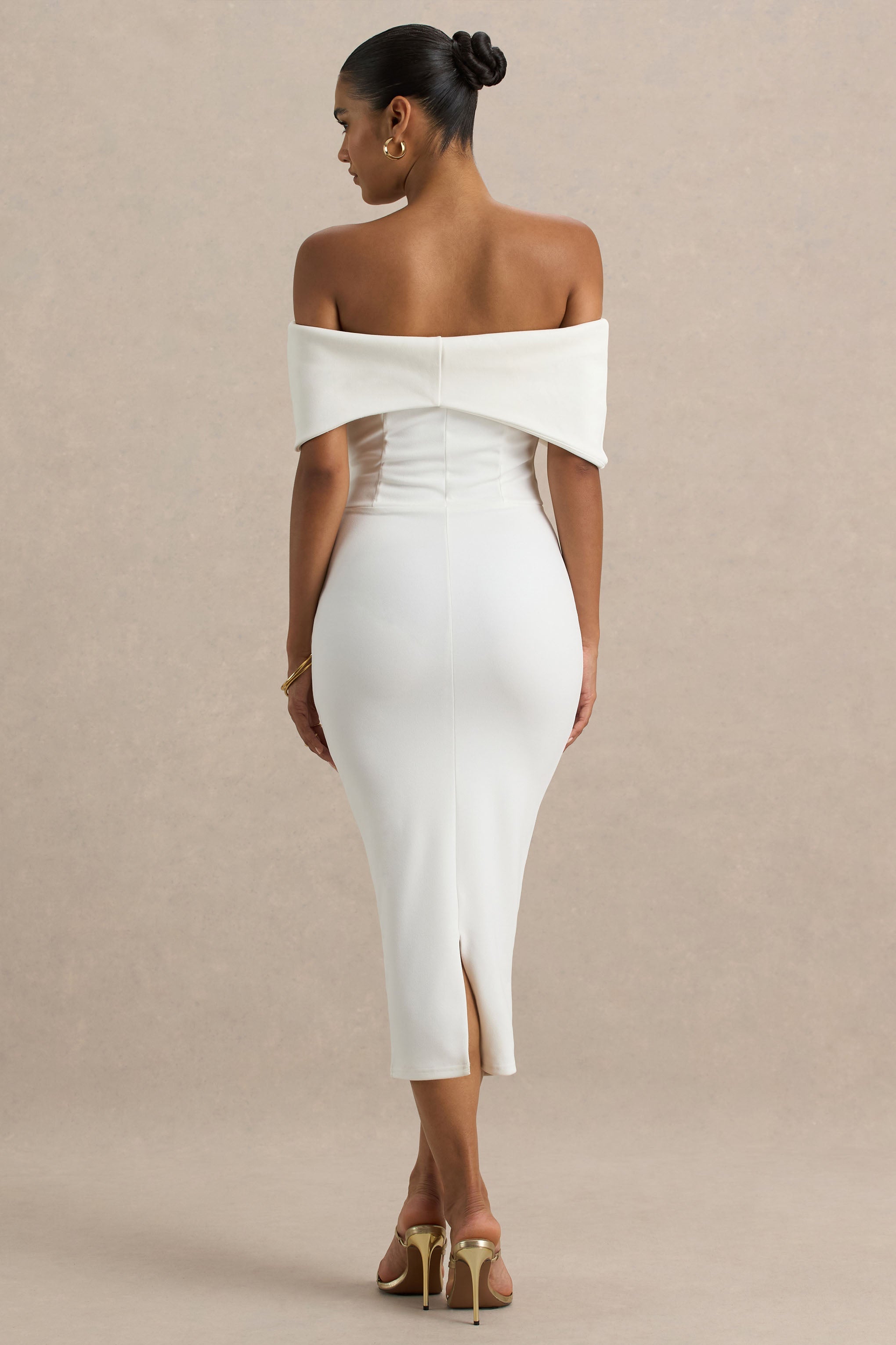 Bayshore | White Bow Bardot Midi Dress