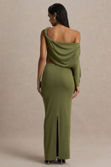 Layla | Olive Asymmetric-Neck Wrap Maxi Dress With Body Cut-Out And Ruched Detailing