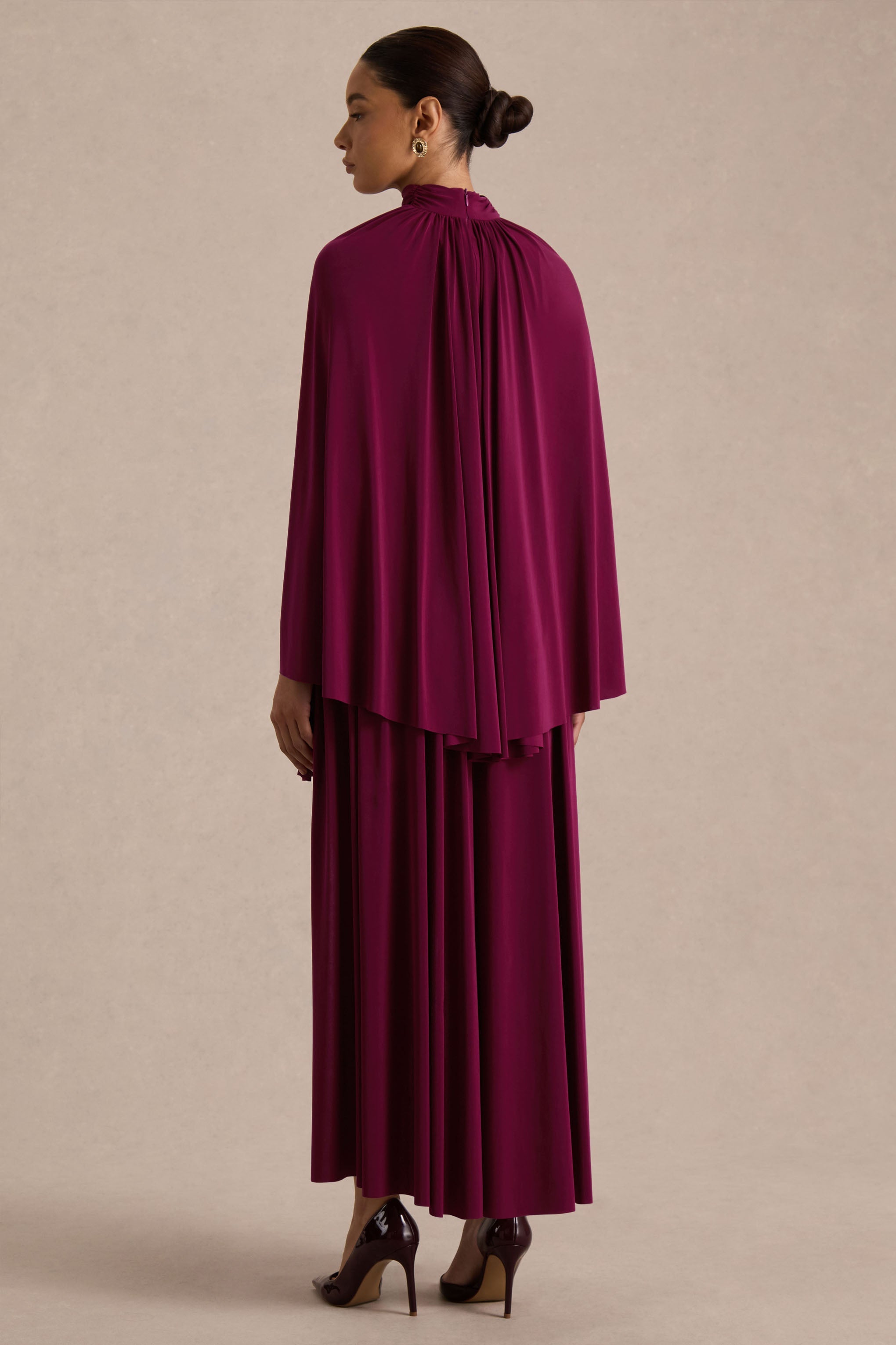 Honora | Burgundy High-Neck Midi Dress With Cape-Sleeves