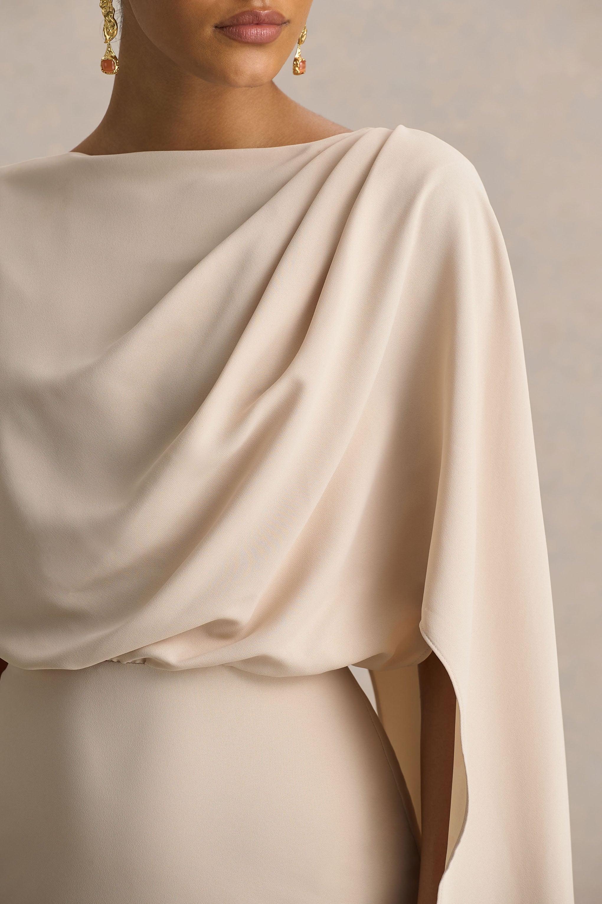 Pristina | Sand Boat-Neck Woven Maxi Dress With Cape Detail