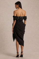 Sylvia | Black Hand-Embellished Bardot-Neck Midi Dress With Draped Satin-Wrap Skirt