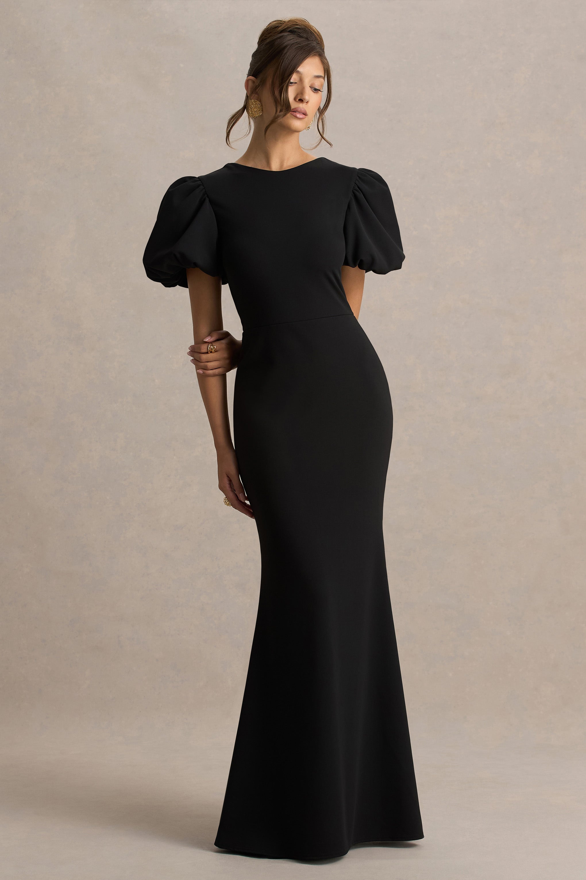 Carolina | Black Puff-Sleeve Maxi Dress With White Bow Detail