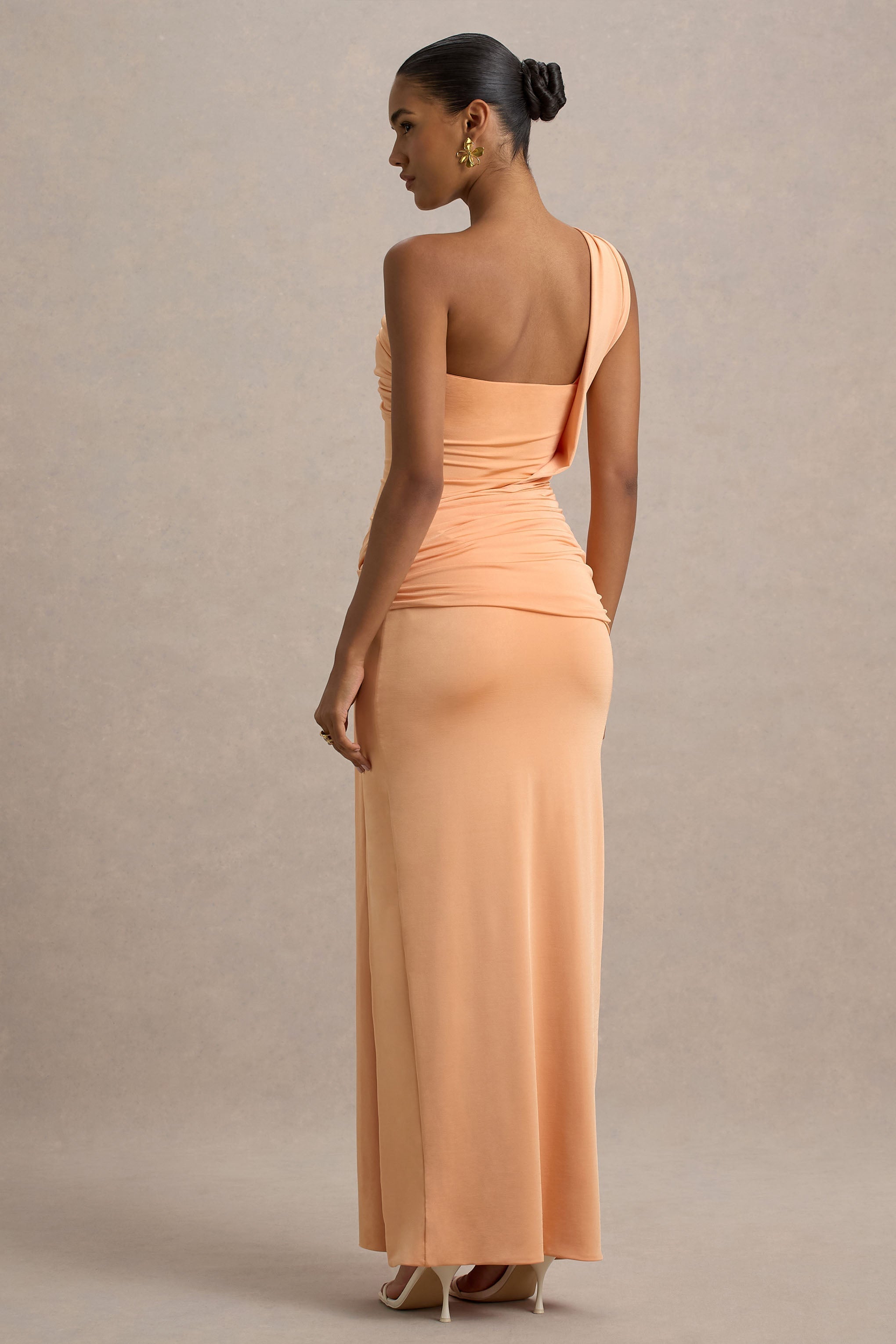 Erminia | Peach One-Shoulder Twist Wrap Maxi Dress