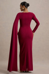 Frances | Burgundy High-Neck Maxi Dress With Cape Detail