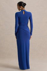 Alluring | Blue High Neck Maxi Dress With Ruched Detailing