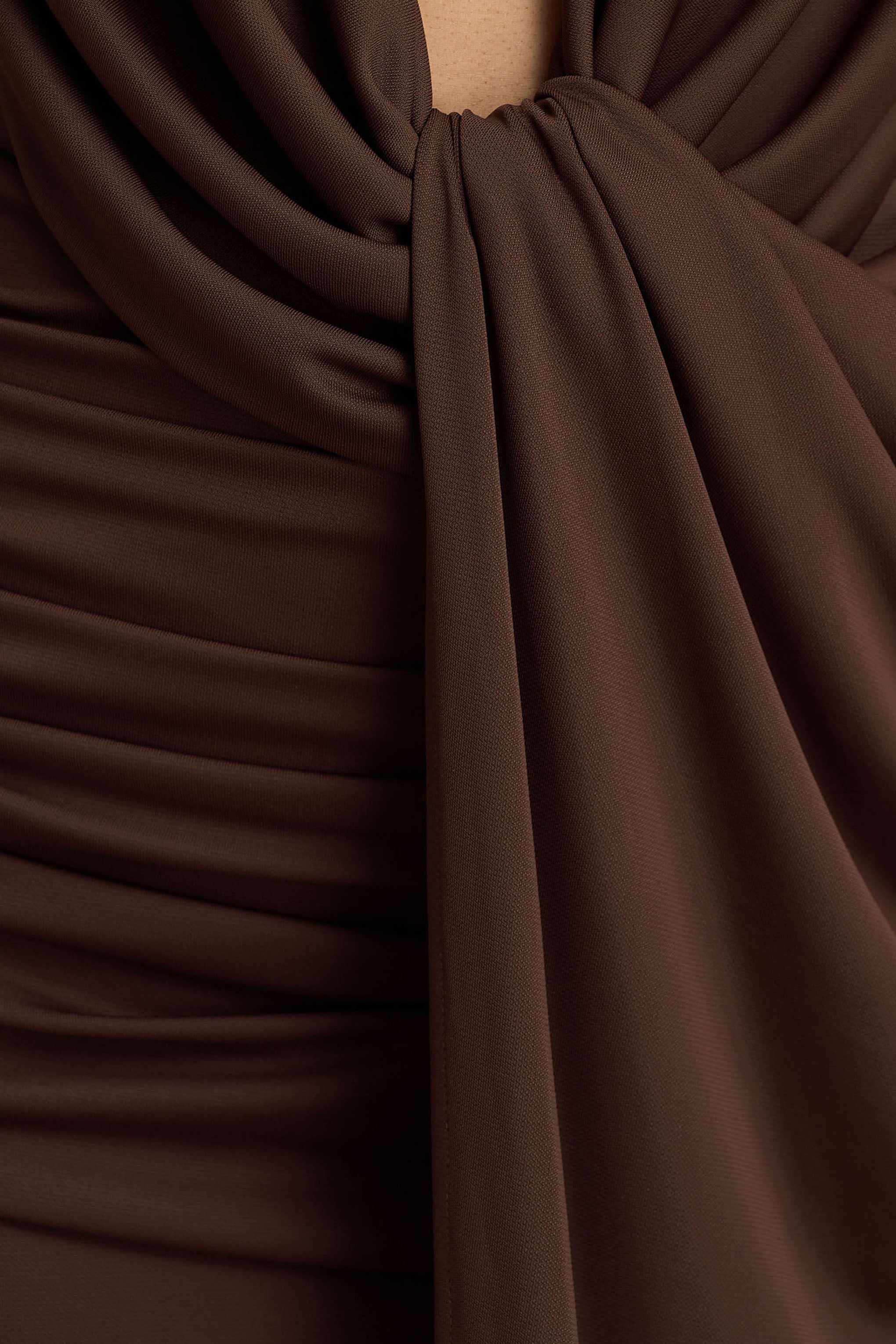 Serafina | Chocolate Extreme-Plunge Neck Maxi Dress With Wrap And Ruched Details