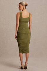 Lisbon | Olive Maternity Square Neck Ruched Midi Dress