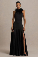 Jemima | Black Satin Halter-Neck Maxi Dress With Feather Trim
