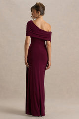 Dynasty | Burgundy Asymmetric-Neck Maxi Dress With Ruched Detailing And Front High-Split