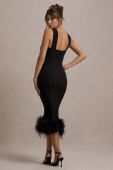 Titania | Black Twist-Neck Feather Hem Midi Dress