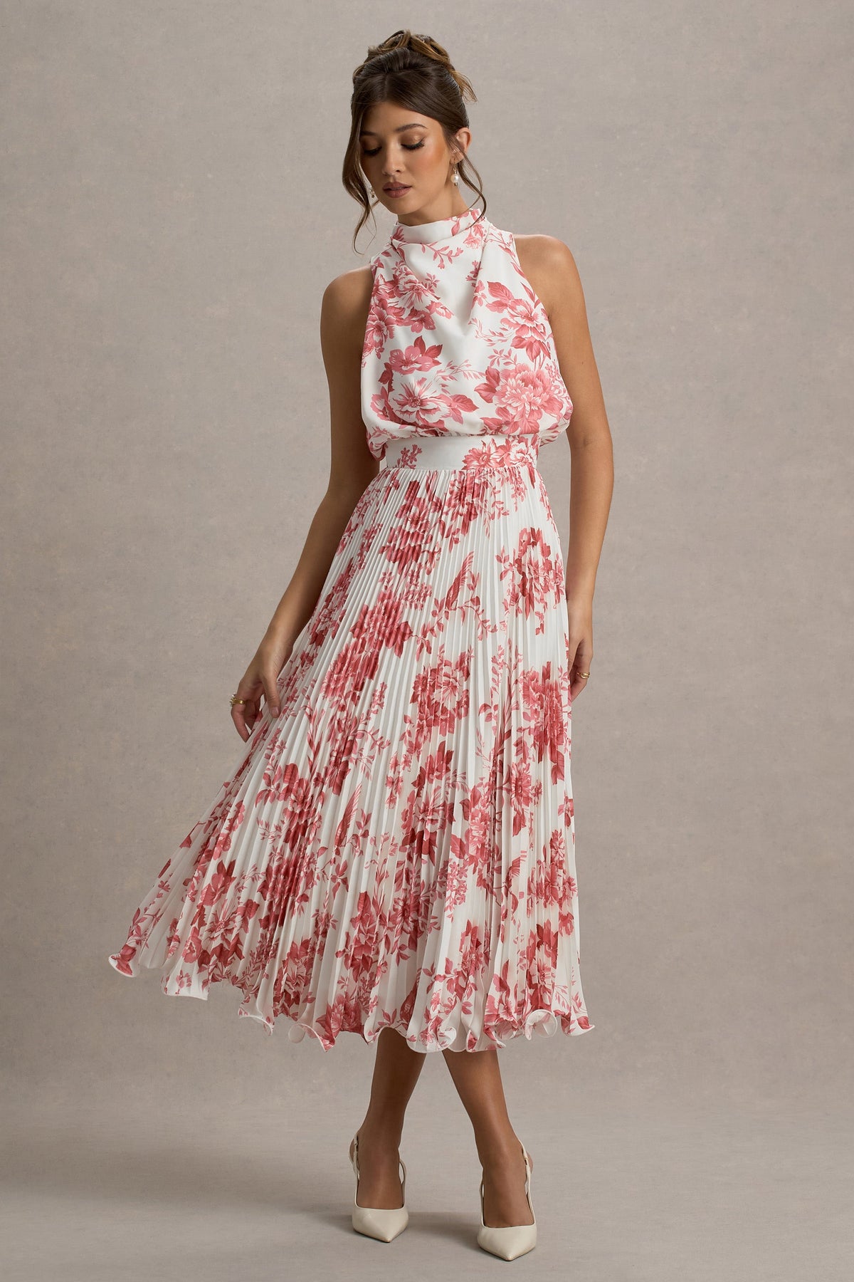 Nila | Pink Porcelain Print Cowl-Neck Midi Dress With Plisse Skirt