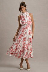 Nila | Pink Porcelain Print Cowl-Neck Midi Dress With Plisse Skirt