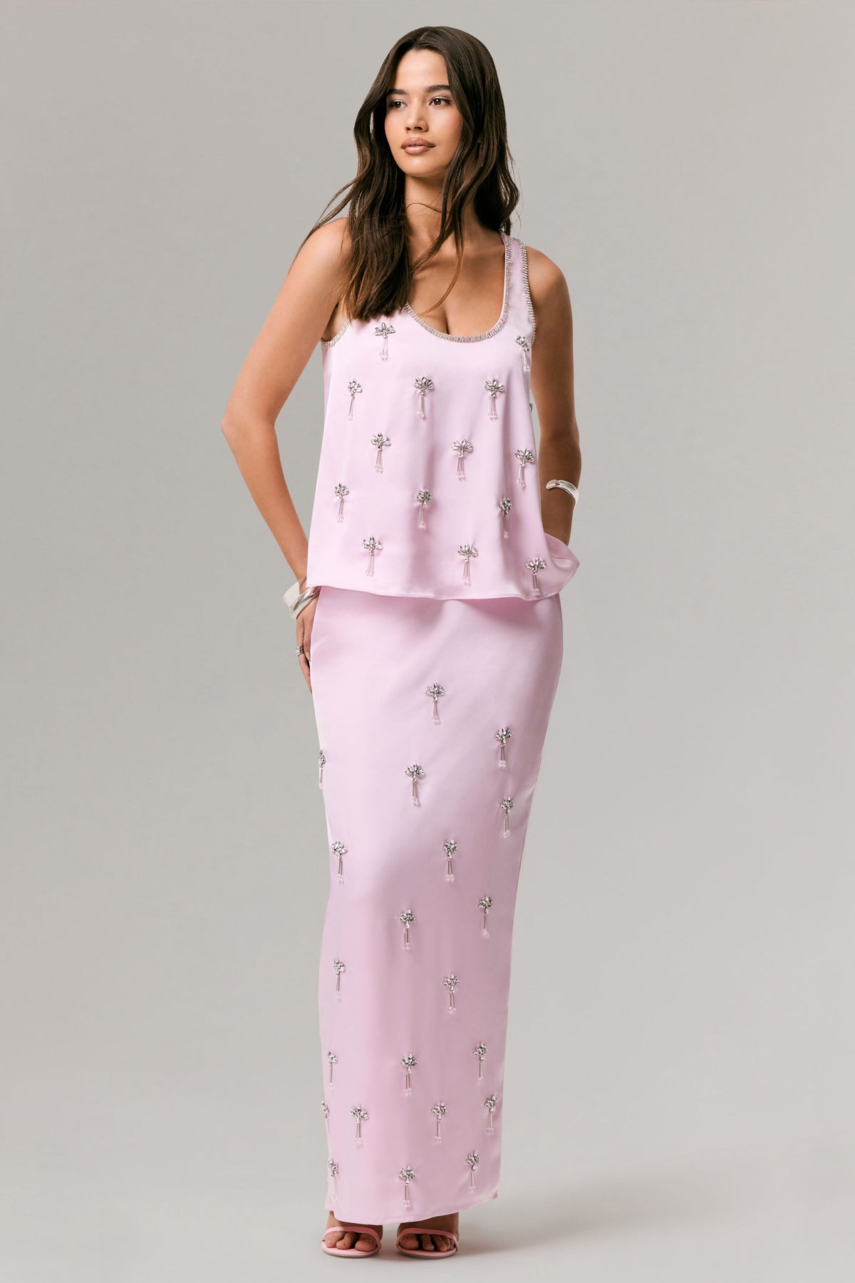 Lena | Pink Satin Embellished Maxi Skirt