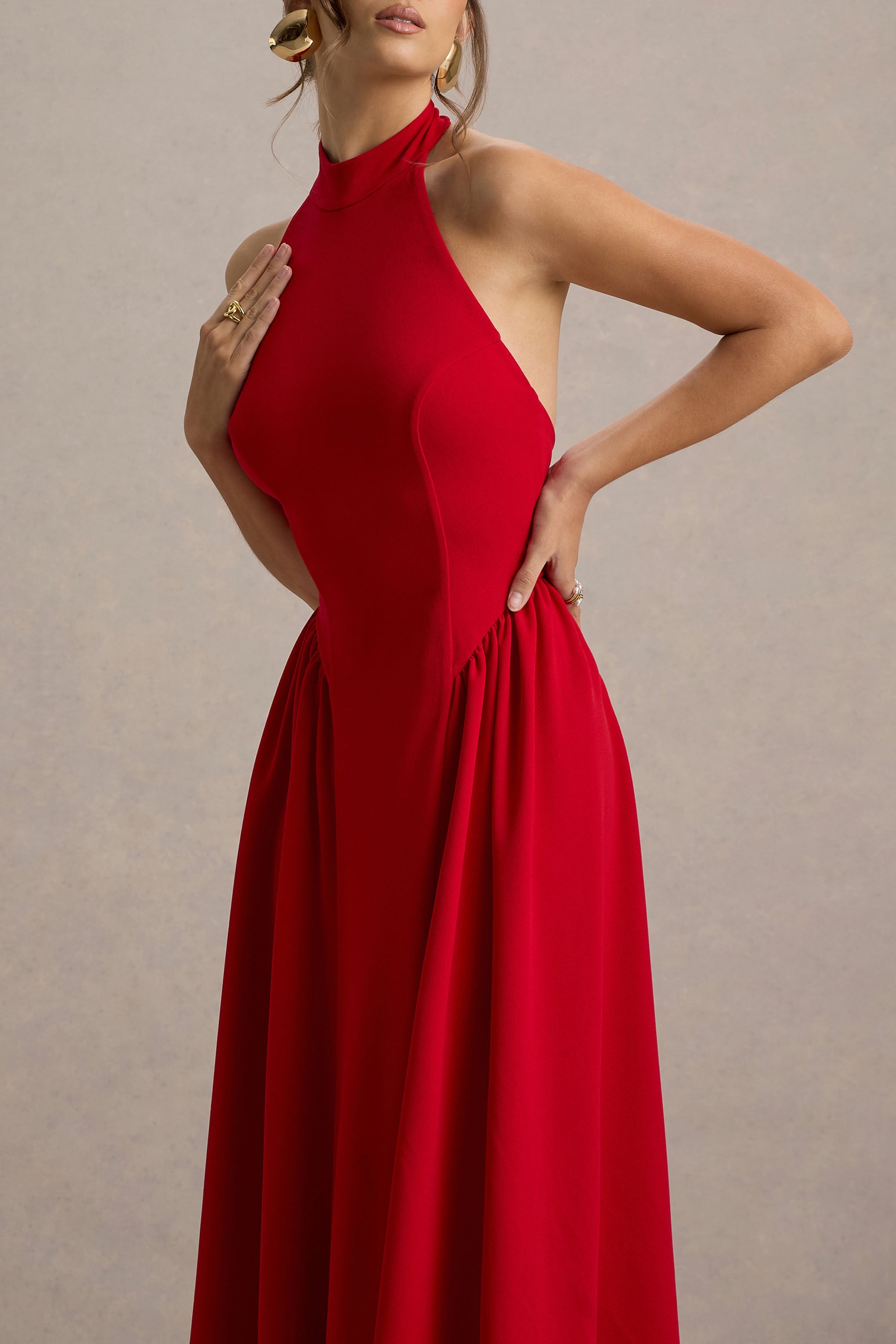 Cynthia | Red High-Neck Maxi Dress With Volume Skirt
