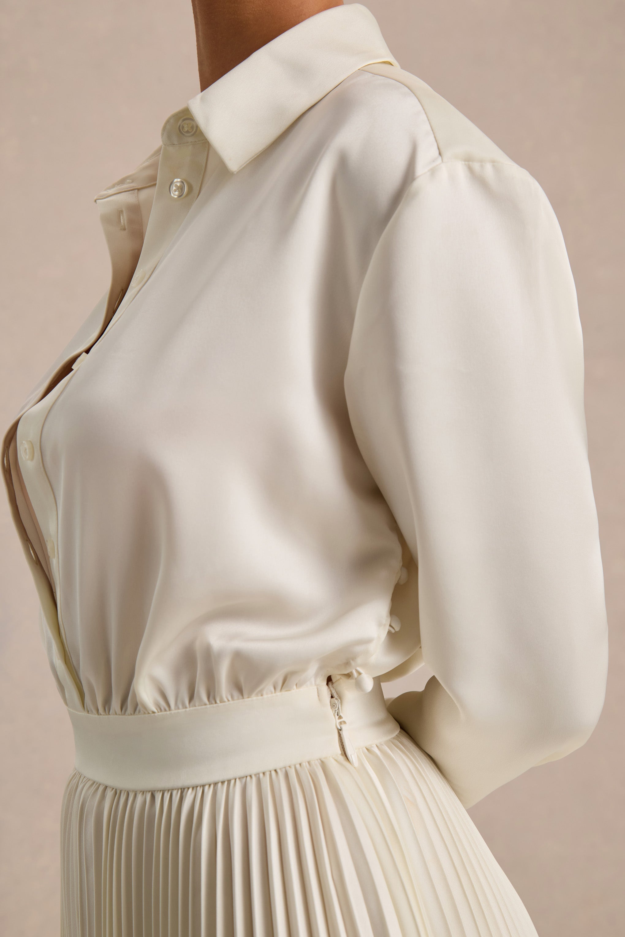 Naxos | Cream Satin Shirt Maxi Dress With Pleated Skirt